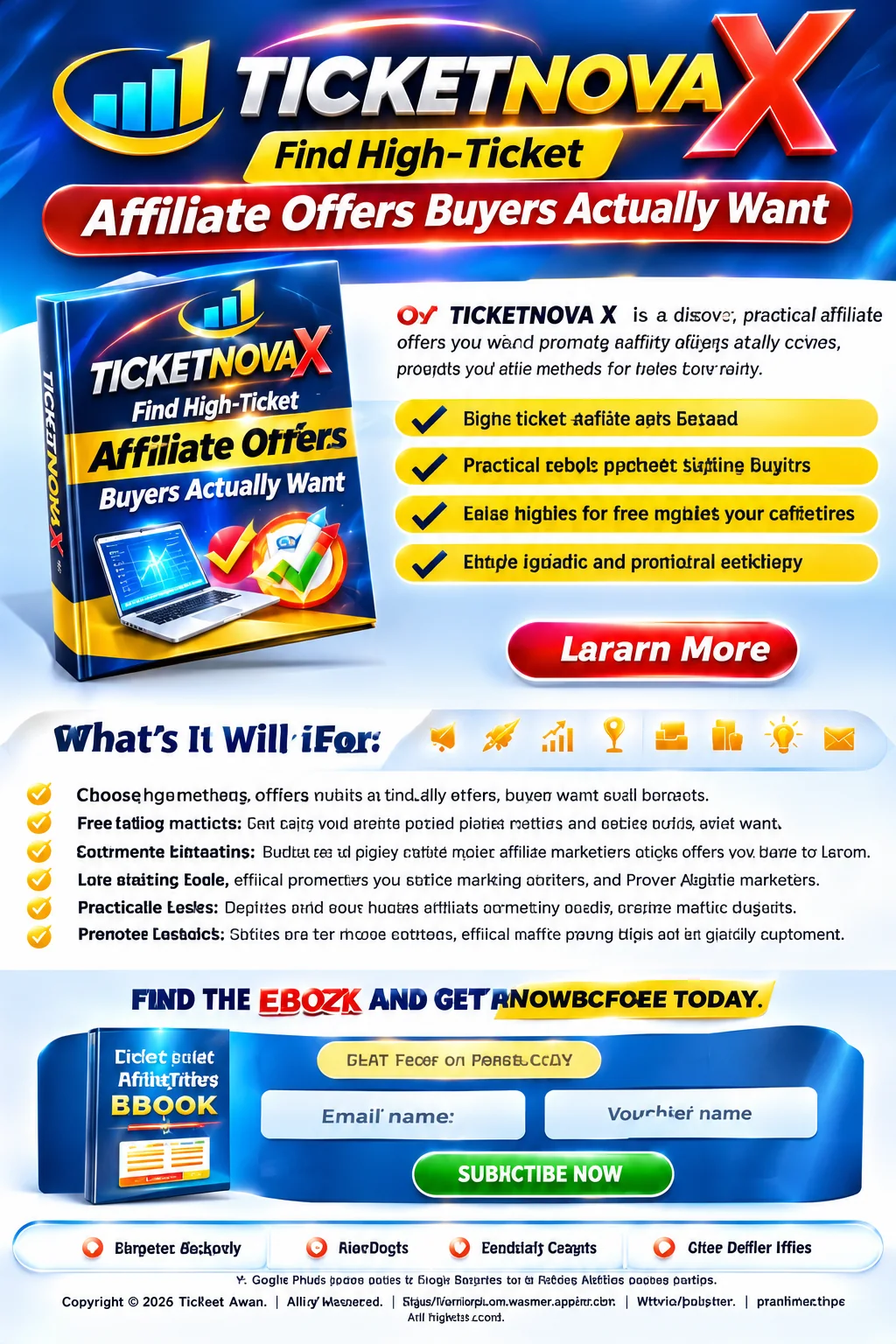 TICKETNOVA X branded promotional image featuring an illustrated ebook, graphics and laptop, with no people